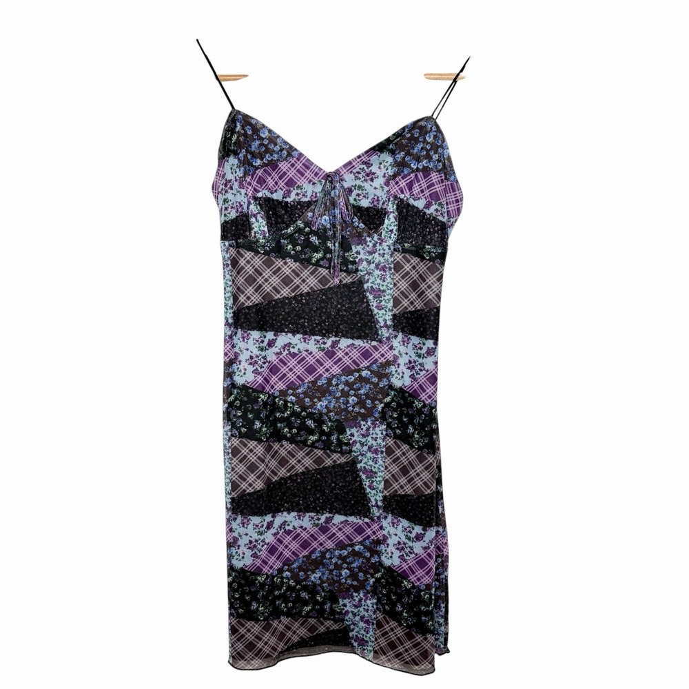Mesh Patchwork Print Babydoll Mini Dress Womens XL Y2K Whimsigoth Fairy Grunge